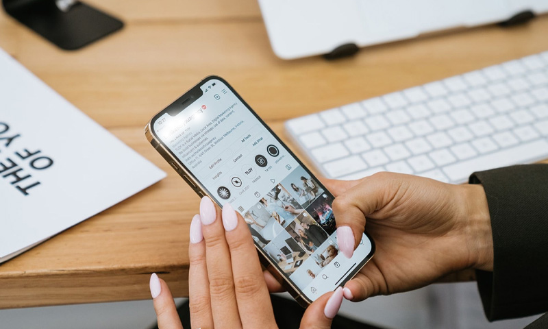 scroling social media in office